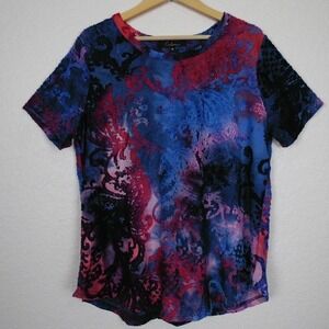 Calessa Women's Burnout Velvet Top SZ Medium Blue Red Artsy Boho Eclectic Office